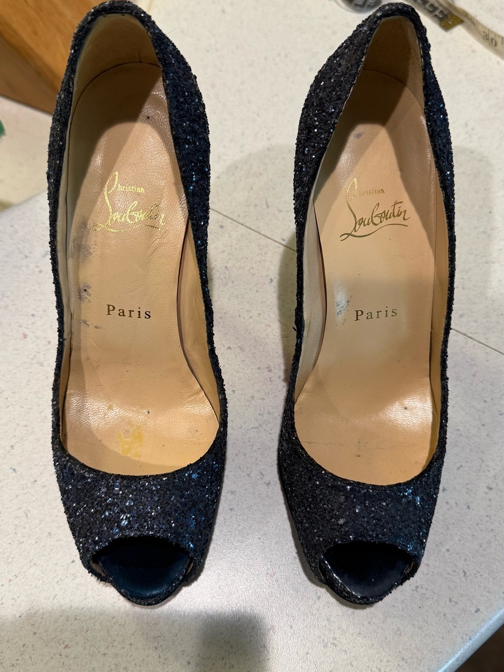 Christian Louboutin Navy Blue Glitter Peep-Toe Pumps